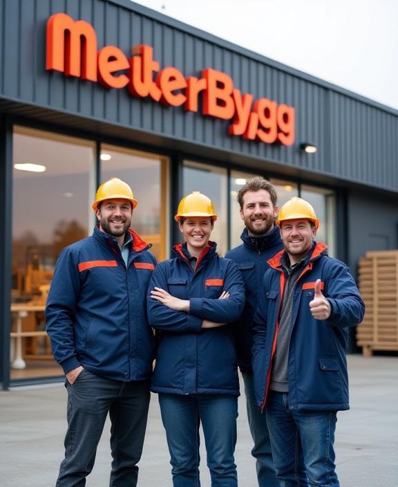 Mester Bygg team foran butikken