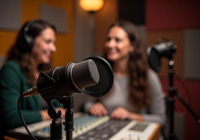 Profesjonelt podcaststudio med mikrofoner.